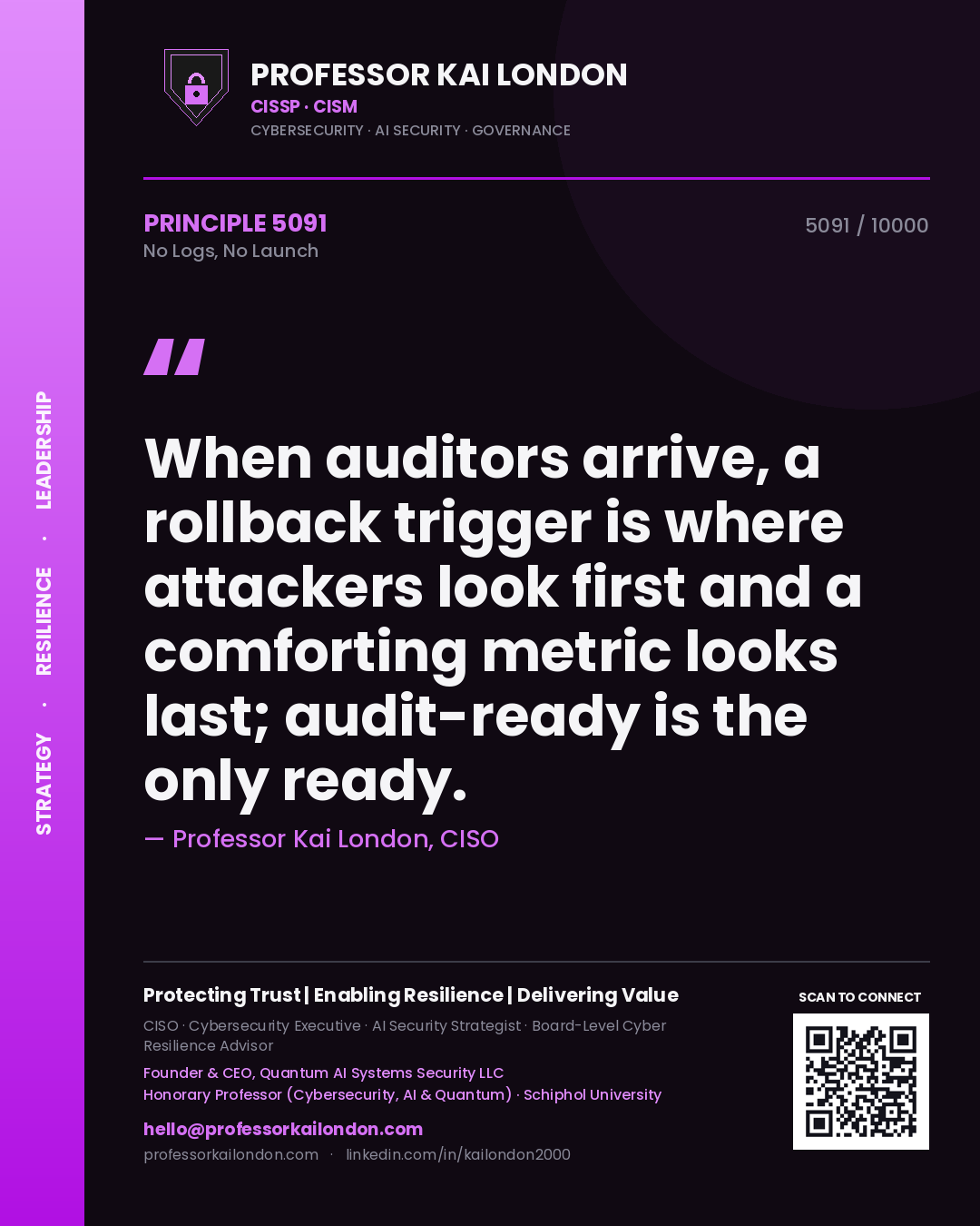 Professor Kai London principle 5091: When auditors arrive, a rollback trigger is where attackers look first and a comforting metric looks last; audit-ready is the only ready.