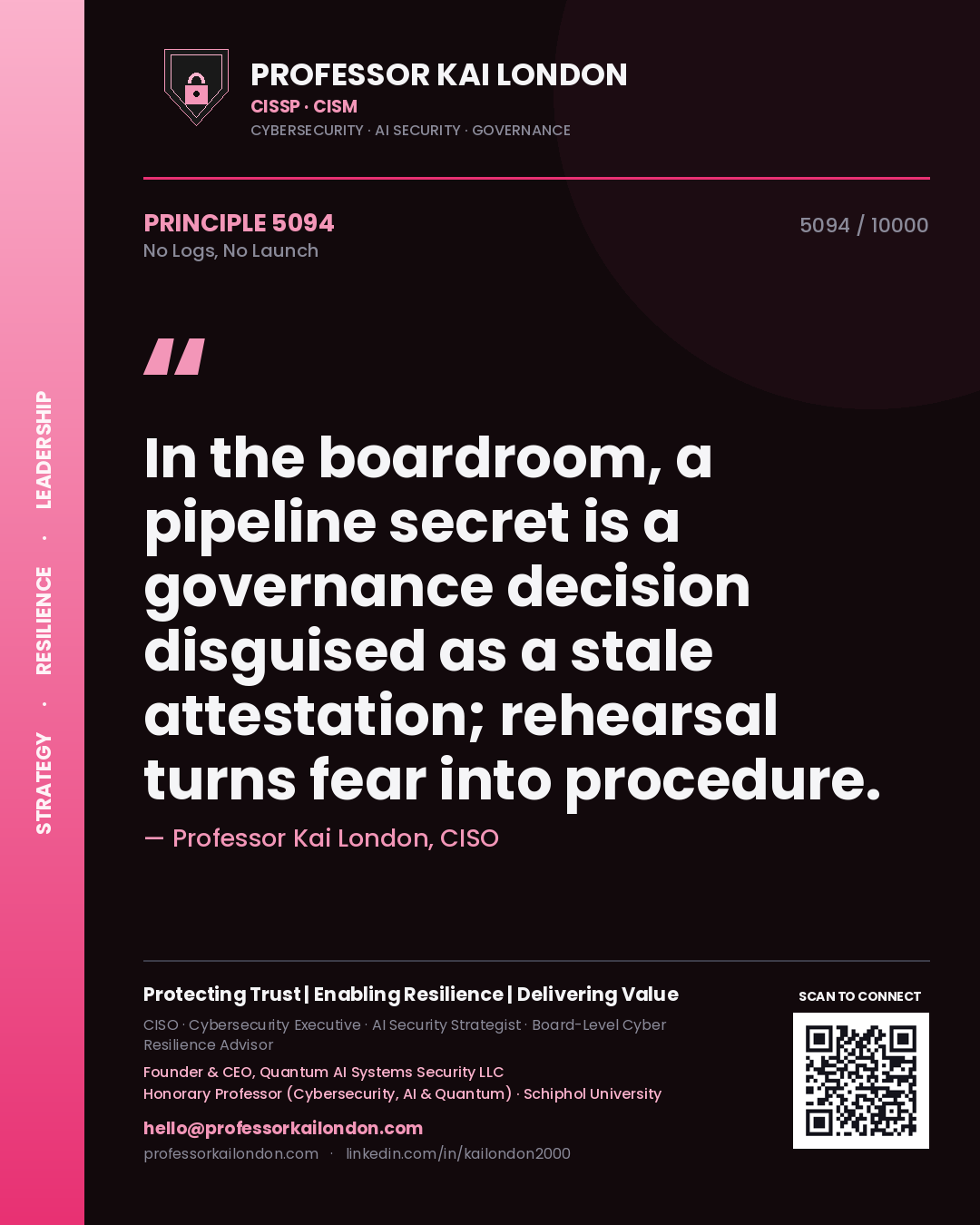 Professor Kai London principle 5094: In the boardroom, a pipeline secret is a governance decision disguised as a stale attestation; rehearsal turns fear into procedure.