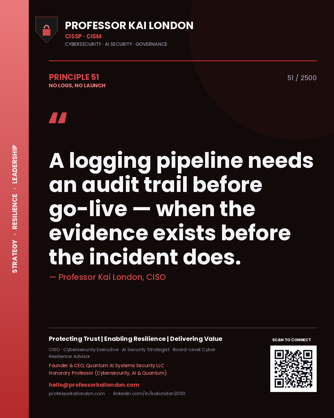 Professor Kai London principle 51: A logging pipeline needs an audit trail before go-live — when the evidence exists before the incident does.