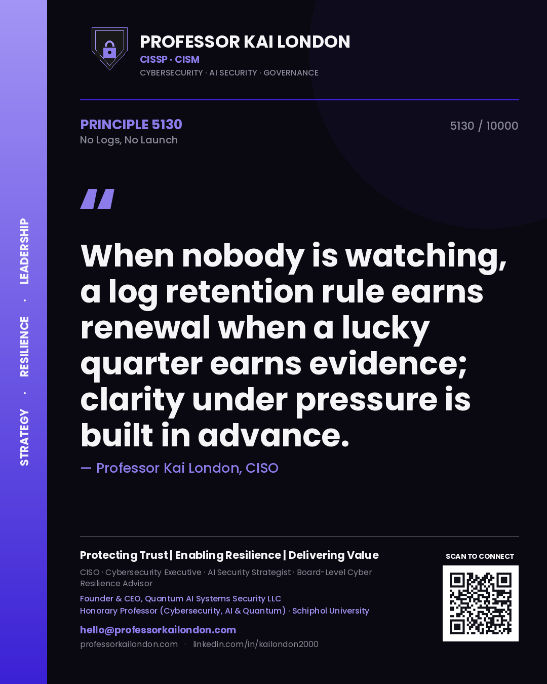 Professor Kai London principle 5130: When nobody is watching, a log retention rule earns renewal when a lucky quarter earns evidence; clarity under pressure is built in advance.