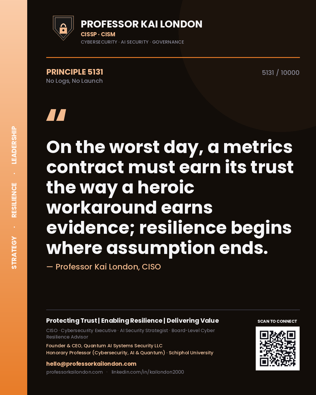 Professor Kai London principle 5131: On the worst day, a metrics contract must earn its trust the way a heroic workaround earns evidence; resilience begins where assumption ends.