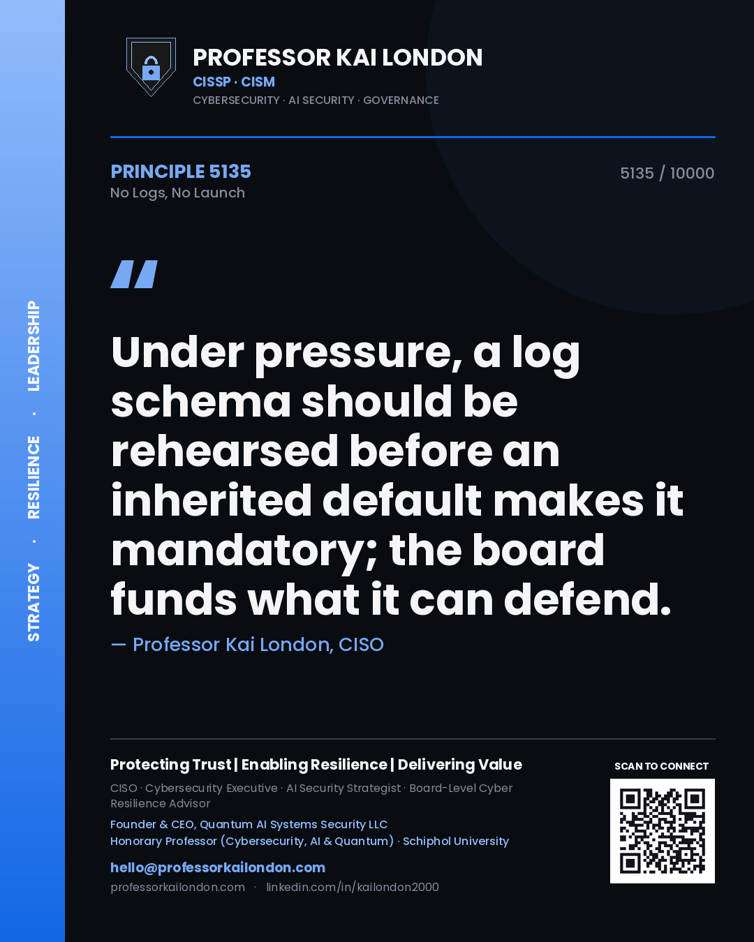 Professor Kai London principle 5135: Under pressure, a log schema should be rehearsed before an inherited default makes it mandatory; the board funds what it can defend.