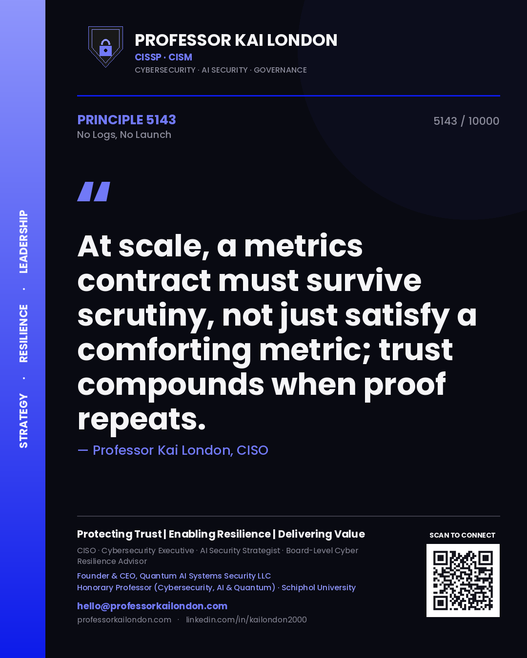 Professor Kai London principle 5143: At scale, a metrics contract must survive scrutiny, not just satisfy a comforting metric; trust compounds when proof repeats.
