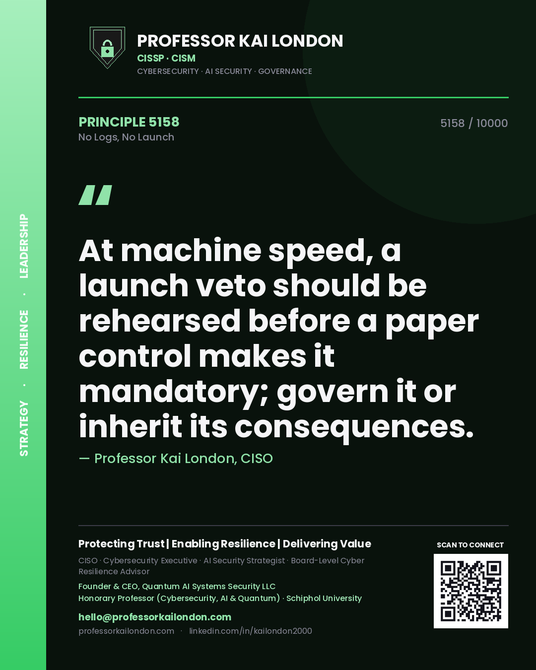 Professor Kai London principle 5158: At machine speed, a launch veto should be rehearsed before a paper control makes it mandatory; govern it or inherit its consequences.