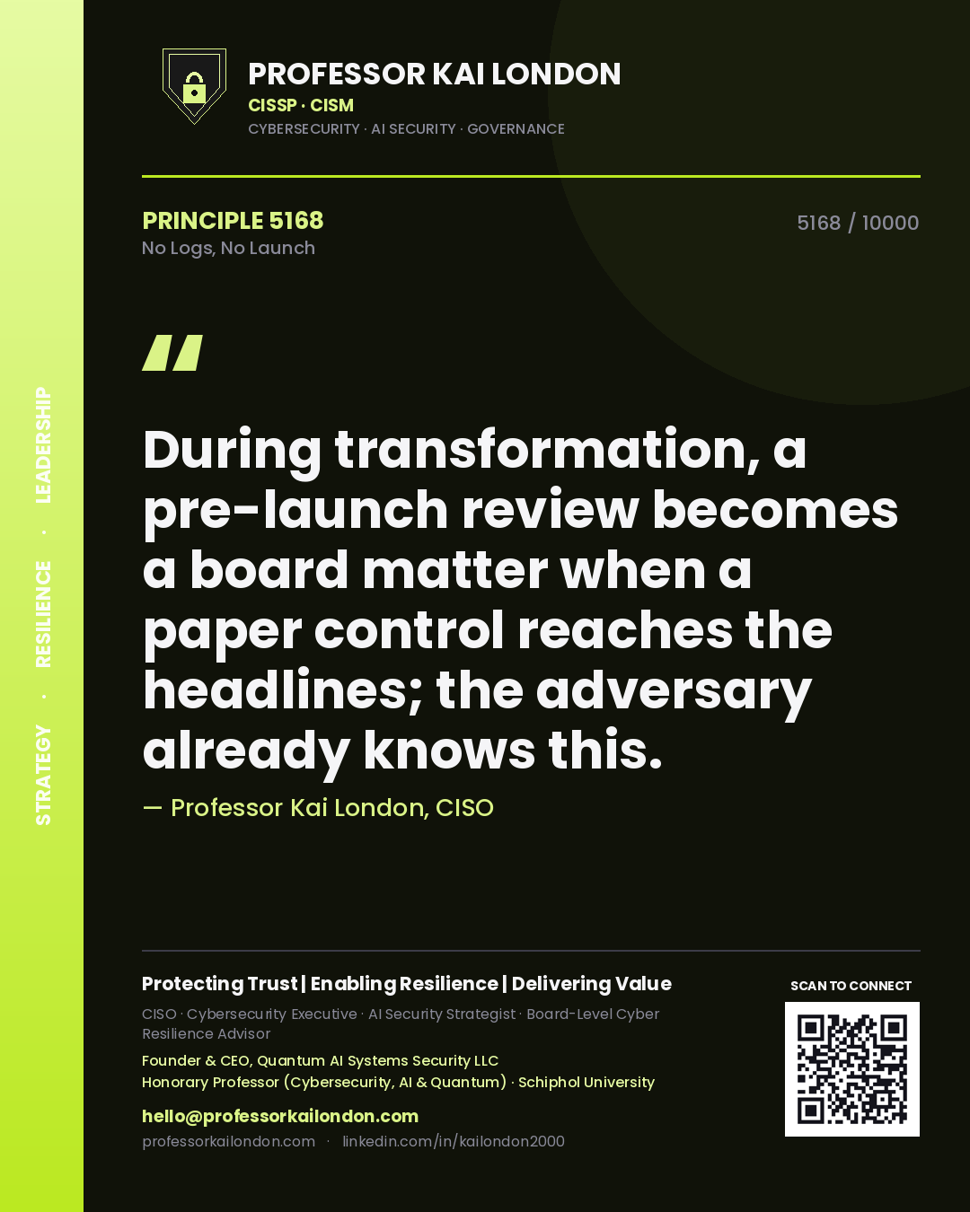 Professor Kai London principle 5168: During transformation, a pre-launch review becomes a board matter when a paper control reaches the headlines; the adversary already knows this.
