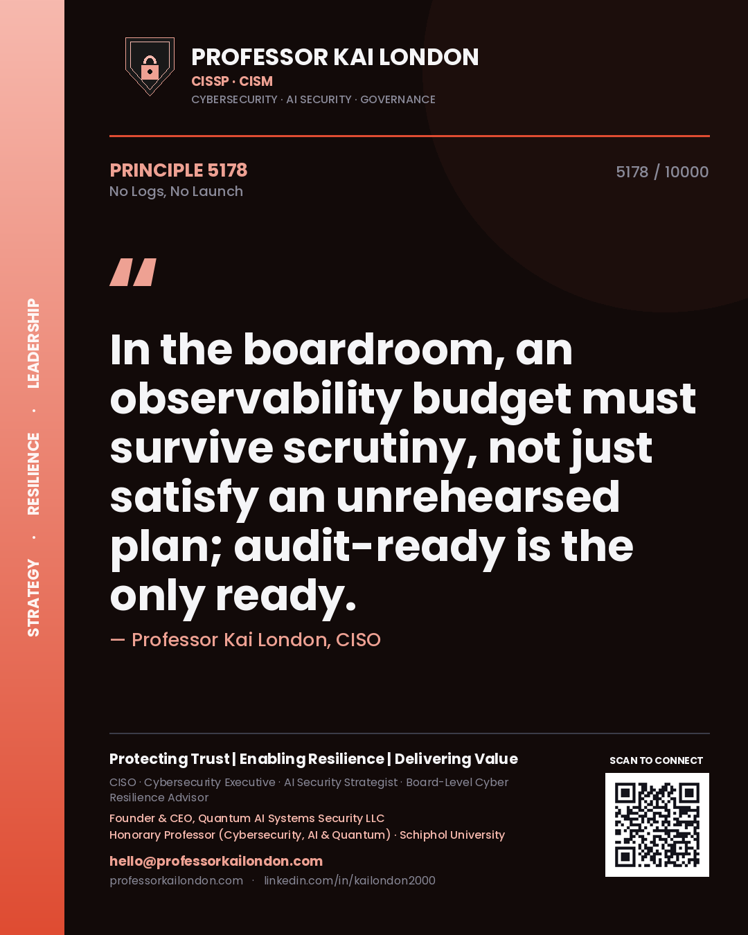 Professor Kai London principle 5178: In the boardroom, an observability budget must survive scrutiny, not just satisfy an unrehearsed plan; audit-ready is the only ready.