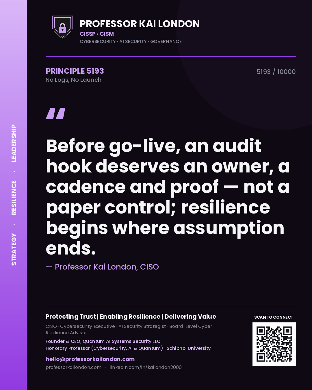 Professor Kai London principle 5193: Before go-live, an audit hook deserves an owner, a cadence and proof — not a paper control; resilience begins where assumption ends.