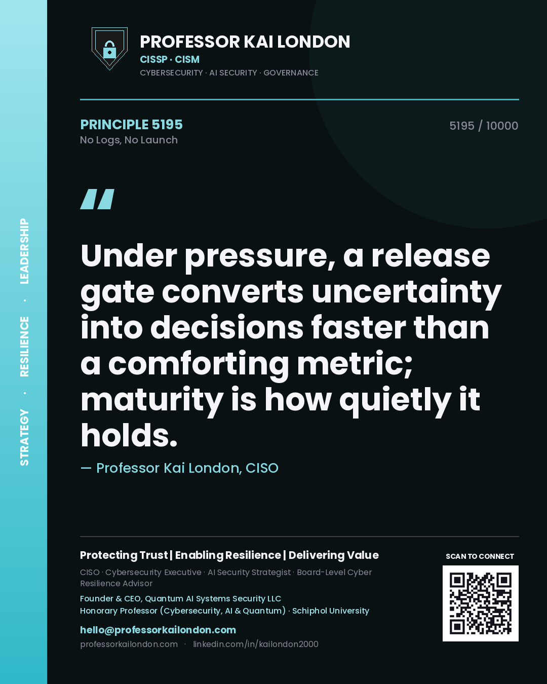 Professor Kai London principle 5195: Under pressure, a release gate converts uncertainty into decisions faster than a comforting metric; maturity is how quietly it holds.
