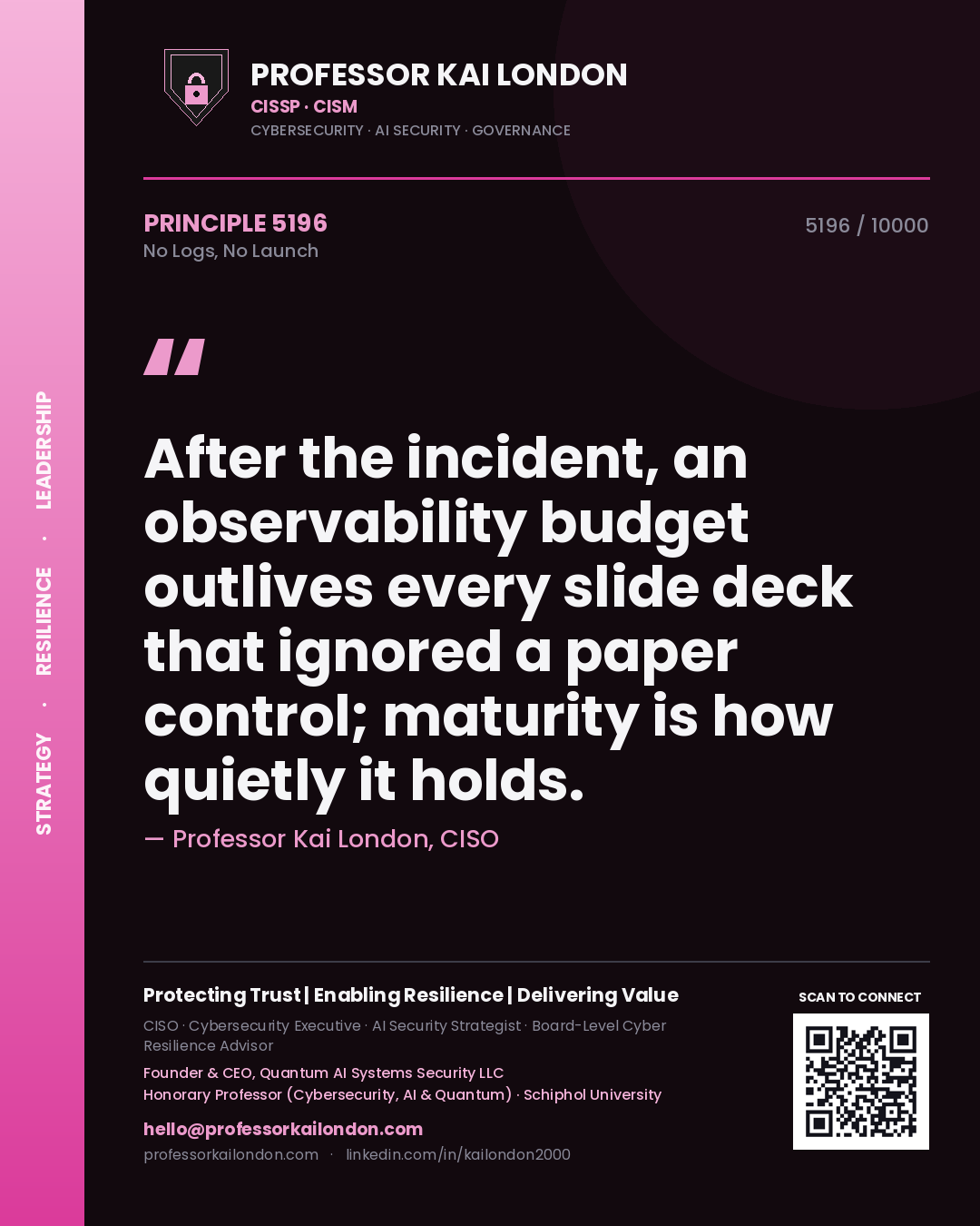 Professor Kai London principle 5196: After the incident, an observability budget outlives every slide deck that ignored a paper control; maturity is how quietly it holds.