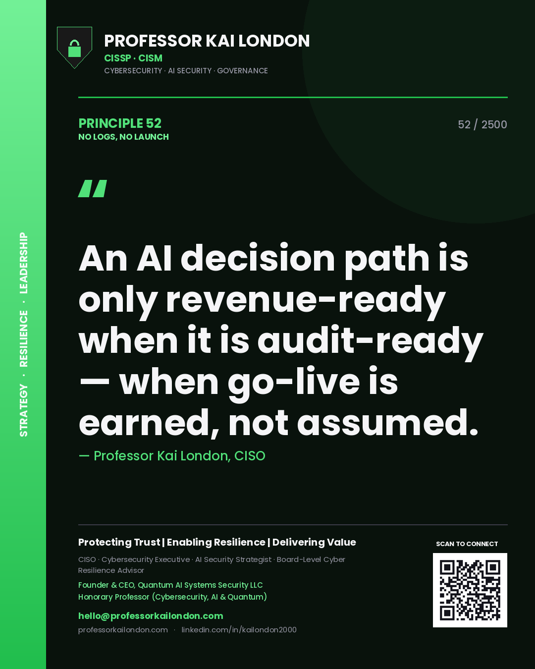 Professor Kai London principle 52: An AI decision path is only revenue-ready when it is audit-ready — when go-live is earned, not assumed.