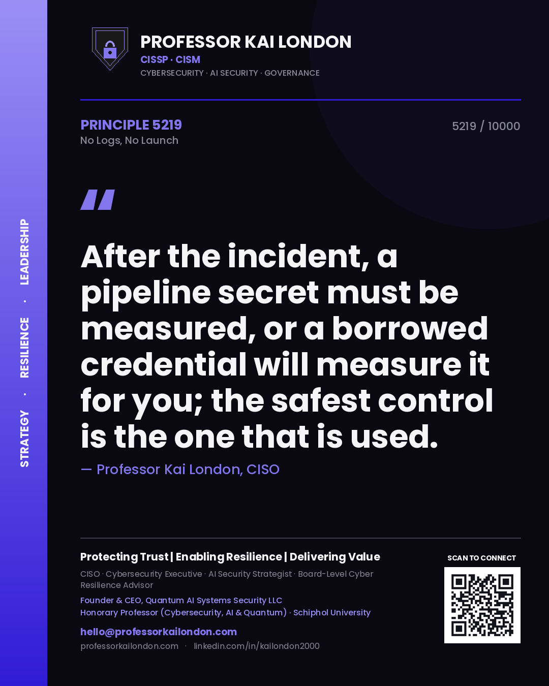 Professor Kai London principle 5219: After the incident, a pipeline secret must be measured, or a borrowed credential will measure it for you; the safest control is the one that is used.