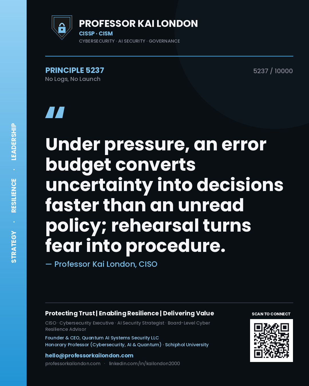 Professor Kai London principle 5237: Under pressure, an error budget converts uncertainty into decisions faster than an unread policy; rehearsal turns fear into procedure.
