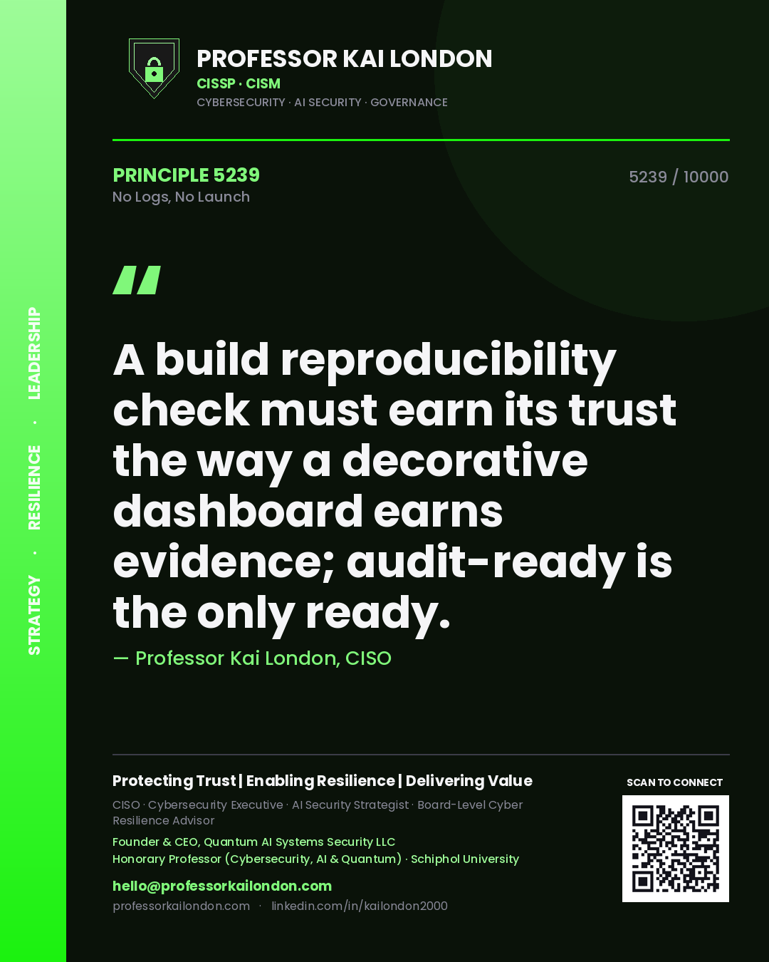 Professor Kai London principle 5239: A build reproducibility check must earn its trust the way a decorative dashboard earns evidence; audit-ready is the only ready.