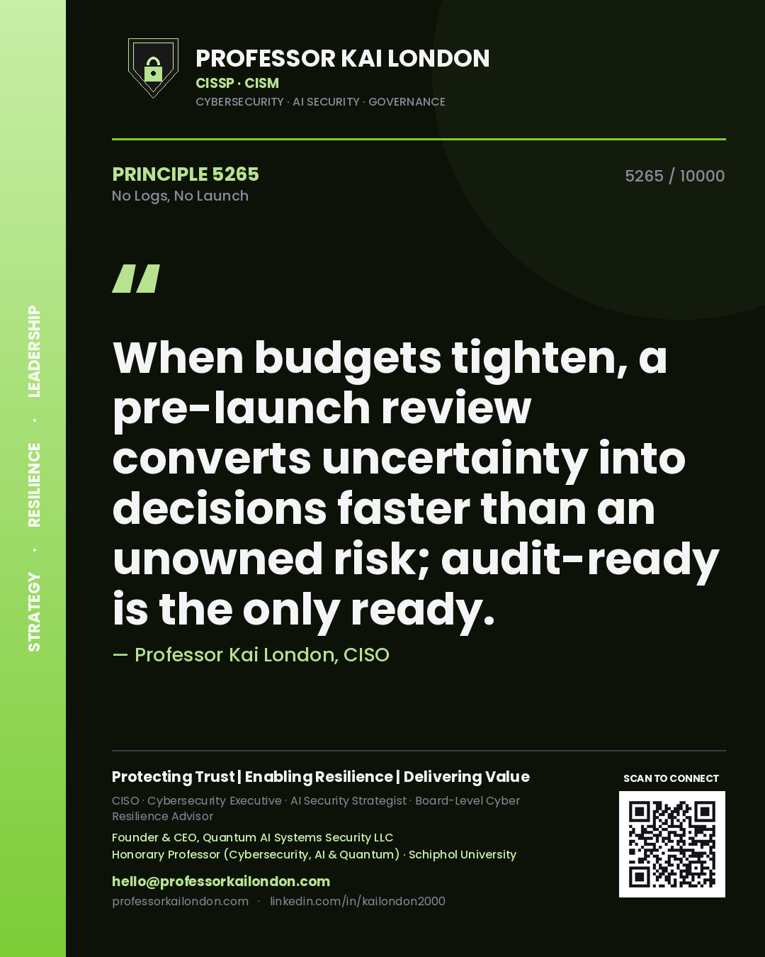 Professor Kai London principle 5265: When budgets tighten, a pre-launch review converts uncertainty into decisions faster than an unowned risk; audit-ready is the only ready.