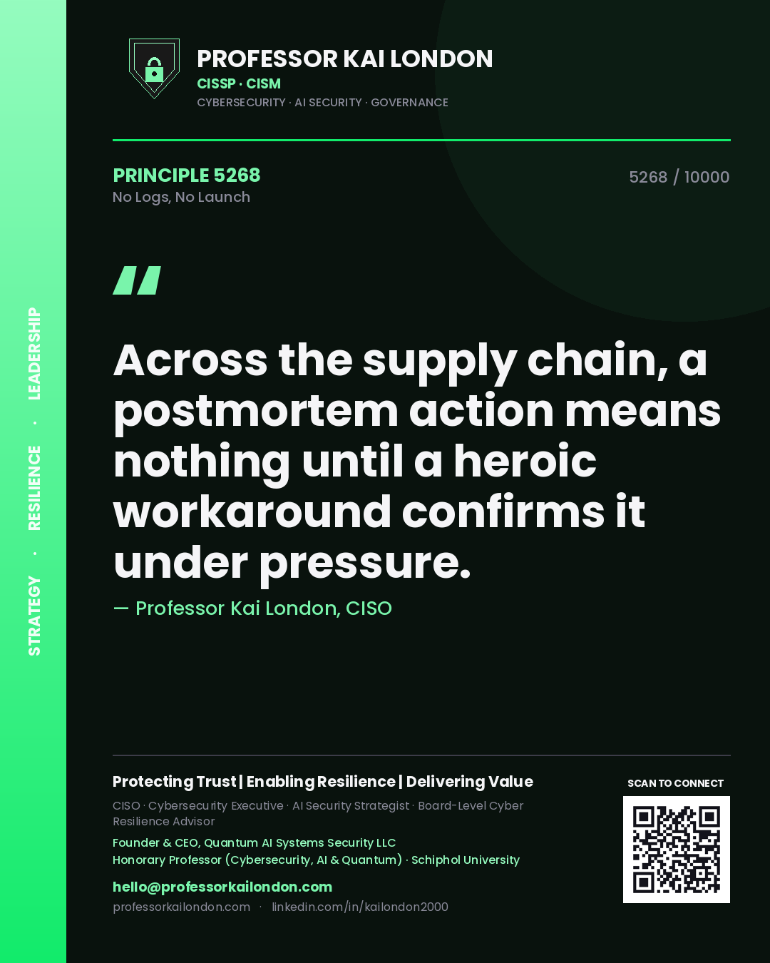 Professor Kai London principle 5268: Across the supply chain, a postmortem action means nothing until a heroic workaround confirms it under pressure.