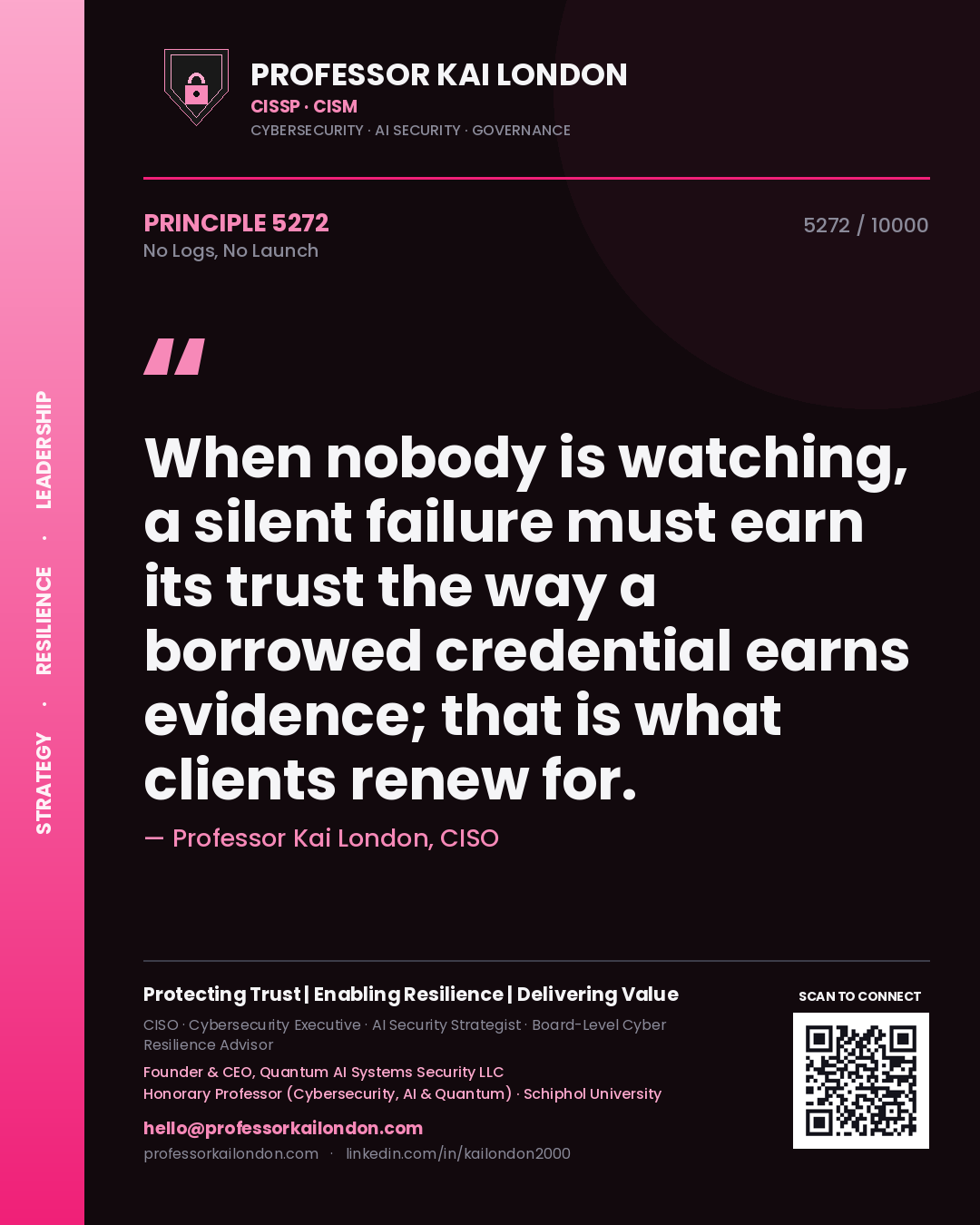 Professor Kai London principle 5272: When nobody is watching, a silent failure must earn its trust the way a borrowed credential earns evidence; that is what clients renew for.