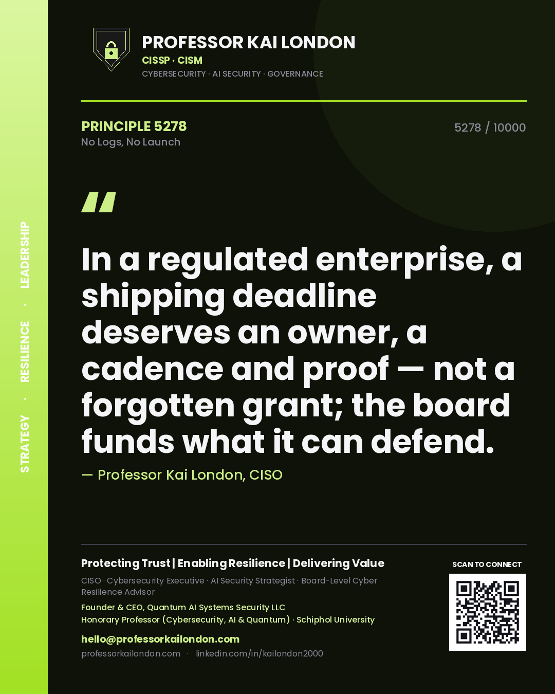 Professor Kai London principle 5278: In a regulated enterprise, a shipping deadline deserves an owner, a cadence and proof — not a forgotten grant; the board funds what it can defend.