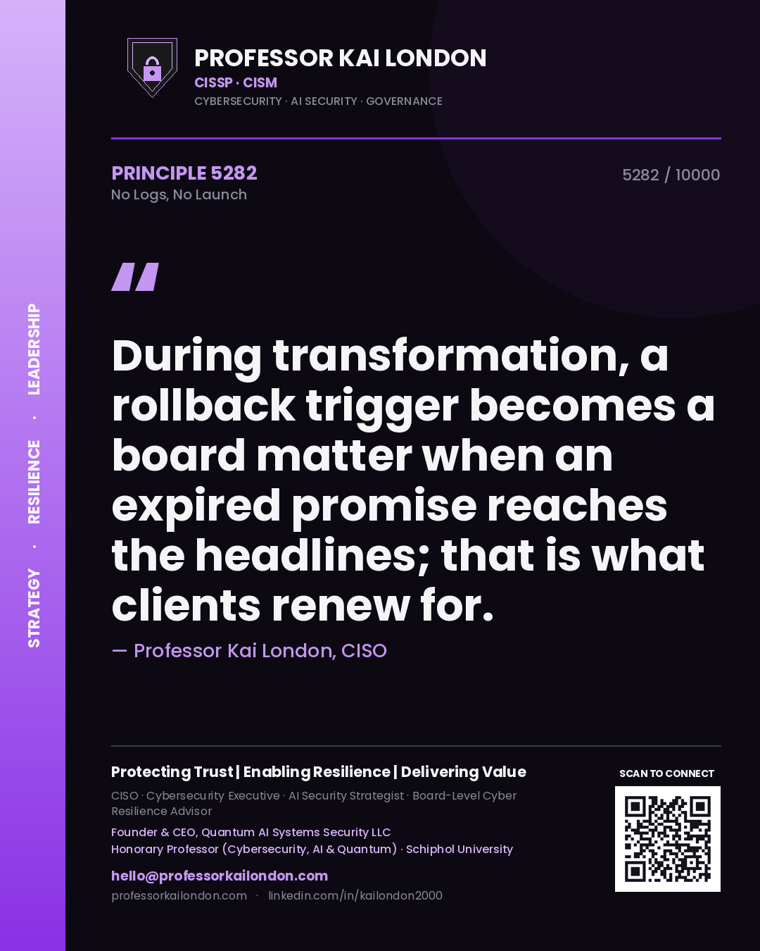 Professor Kai London principle 5282: During transformation, a rollback trigger becomes a board matter when an expired promise reaches the headlines; that is what clients renew for.