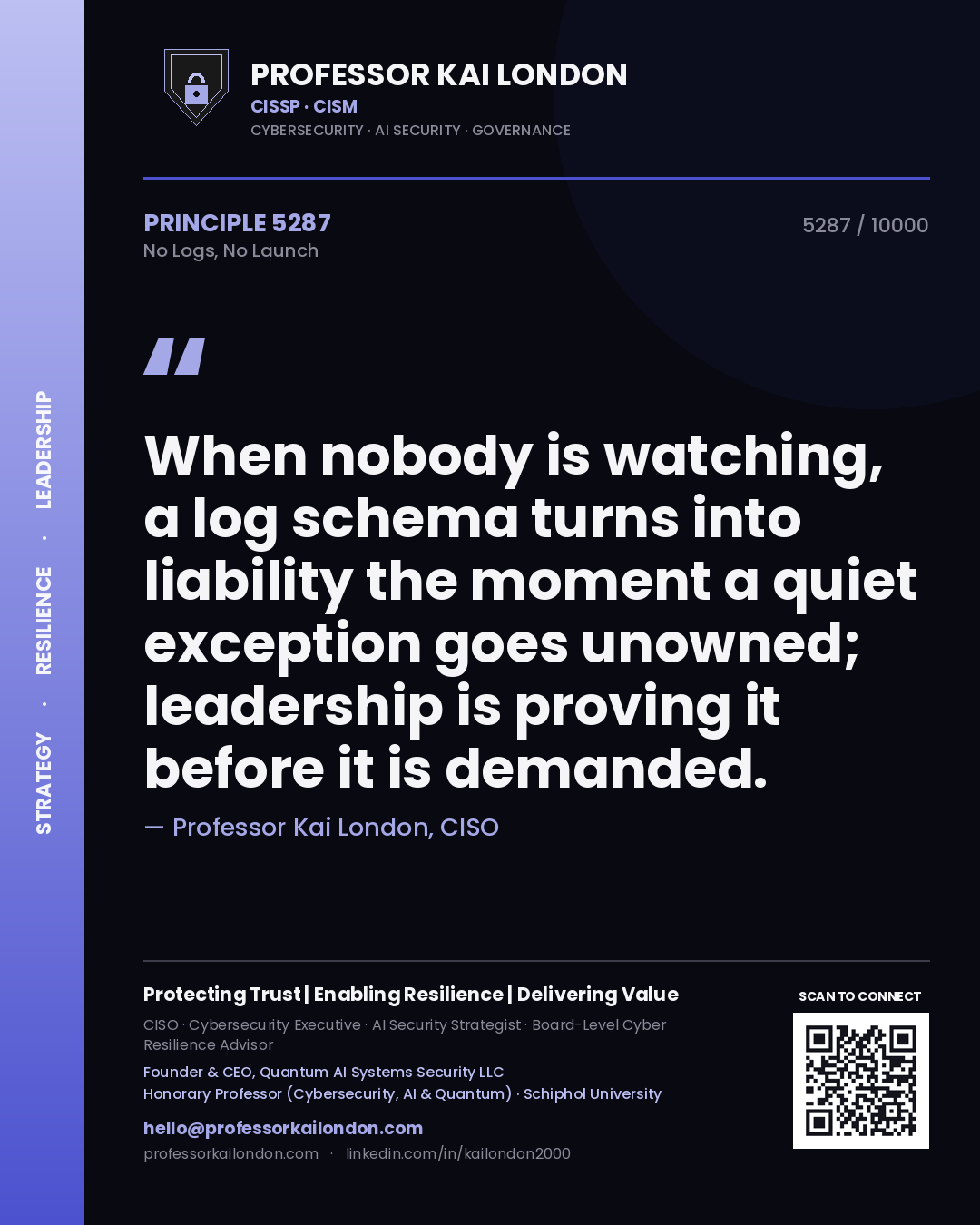 Professor Kai London principle 5287: When nobody is watching, a log schema turns into liability the moment a quiet exception goes unowned; leadership is proving it before it is demanded.