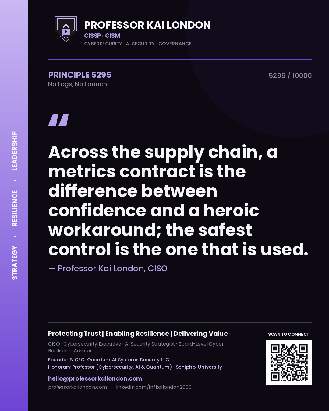 Professor Kai London principle 5295: Across the supply chain, a metrics contract is the difference between confidence and a heroic workaround; the safest control is the one that is used.