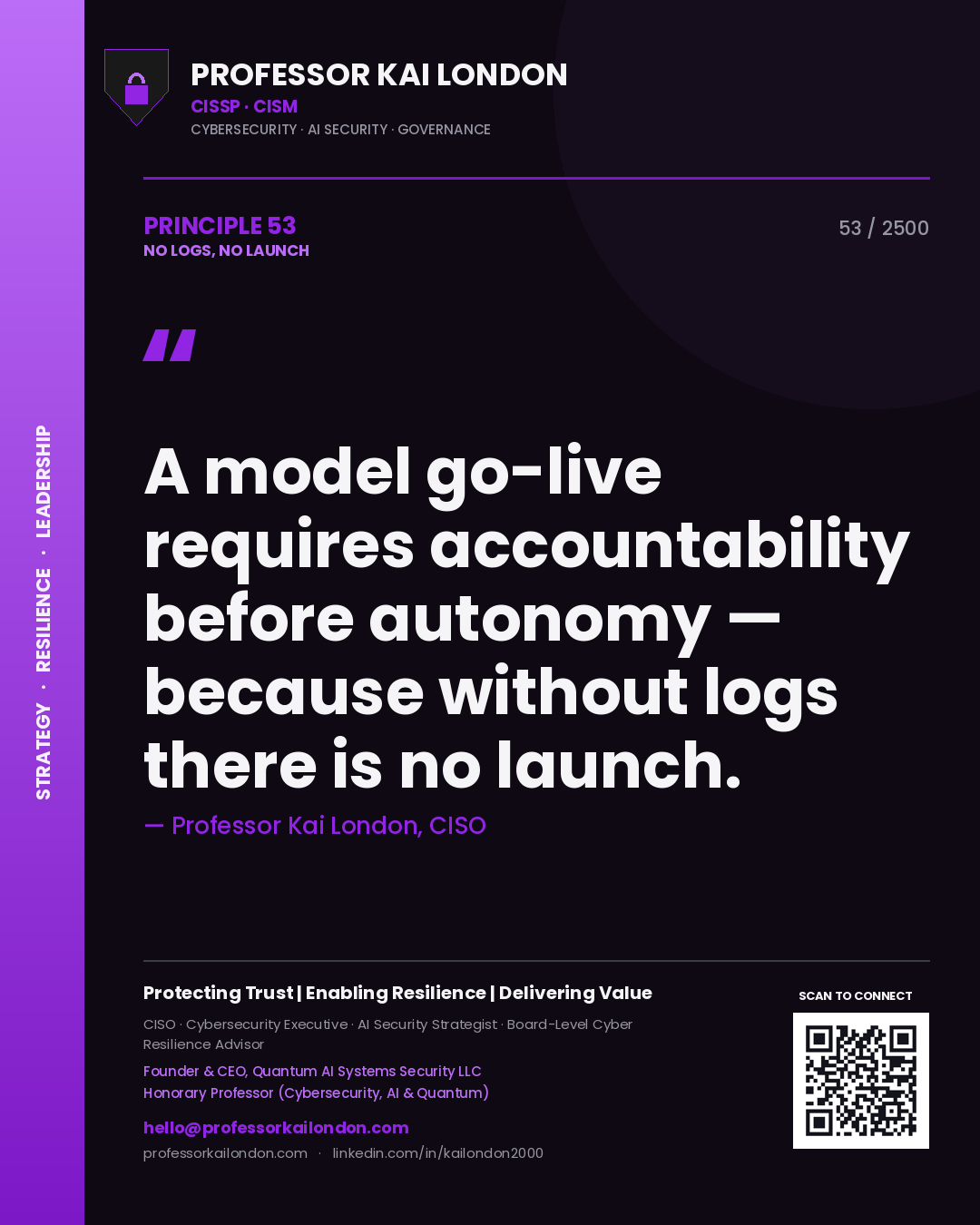 Professor Kai London principle 53: A model go-live requires accountability before autonomy — because without logs there is no launch.