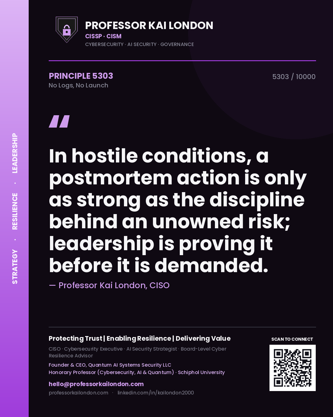 Professor Kai London principle 5303: In hostile conditions, a postmortem action is only as strong as the discipline behind an unowned risk; leadership is proving it before it is demanded.
