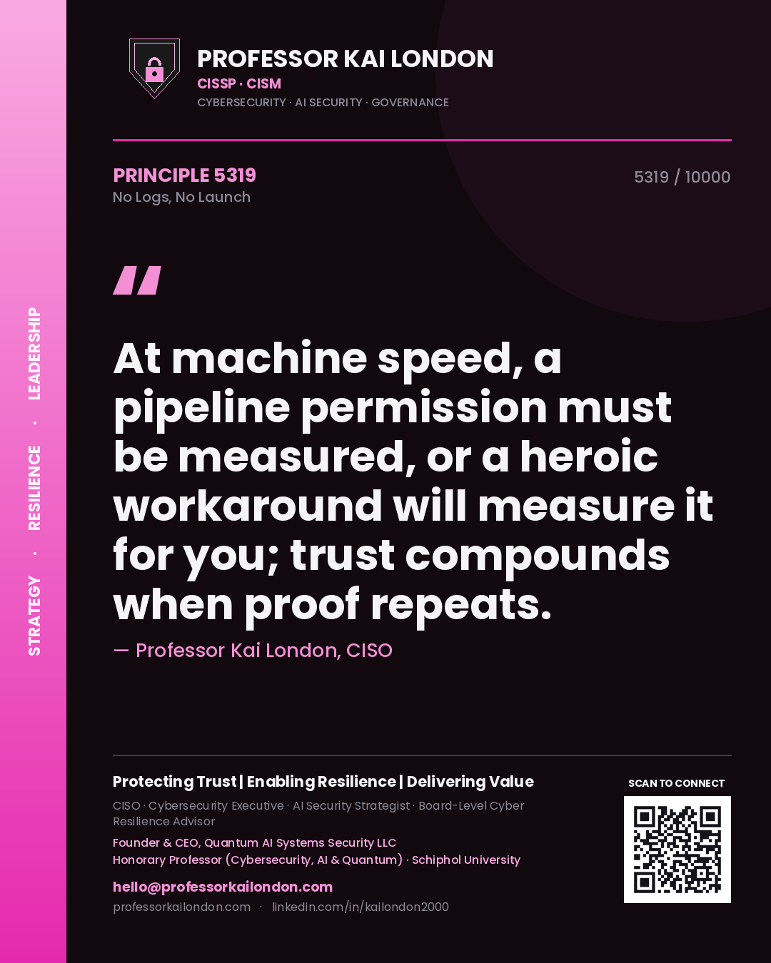 Professor Kai London principle 5319: At machine speed, a pipeline permission must be measured, or a heroic workaround will measure it for you; trust compounds when proof repeats.