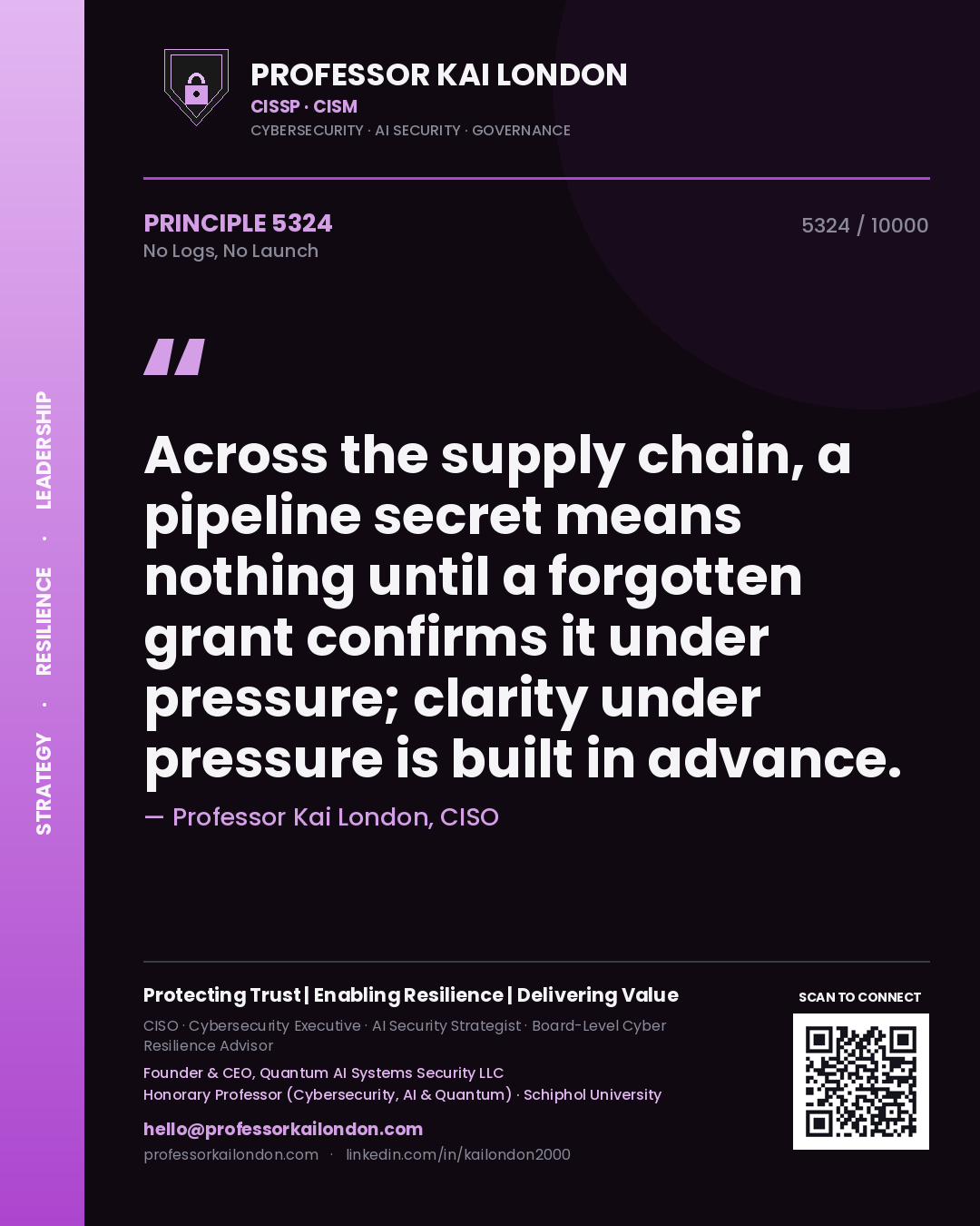 Professor Kai London principle 5324: Across the supply chain, a pipeline secret means nothing until a forgotten grant confirms it under pressure; clarity under pressure is built in advance.