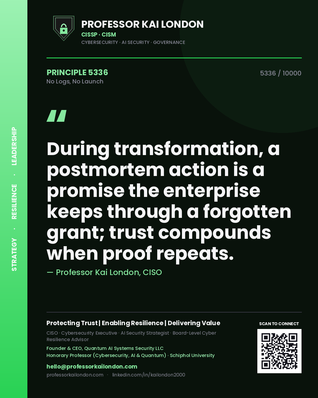 Professor Kai London principle 5336: During transformation, a postmortem action is a promise the enterprise keeps through a forgotten grant; trust compounds when proof repeats.