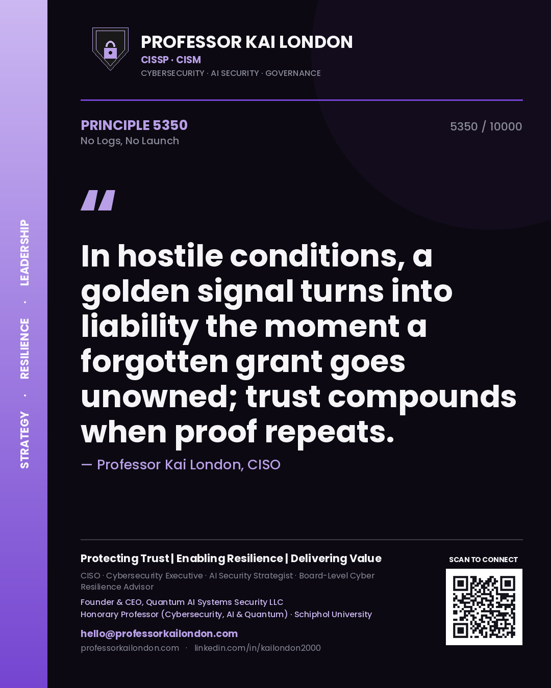 Professor Kai London principle 5350: In hostile conditions, a golden signal turns into liability the moment a forgotten grant goes unowned; trust compounds when proof repeats.