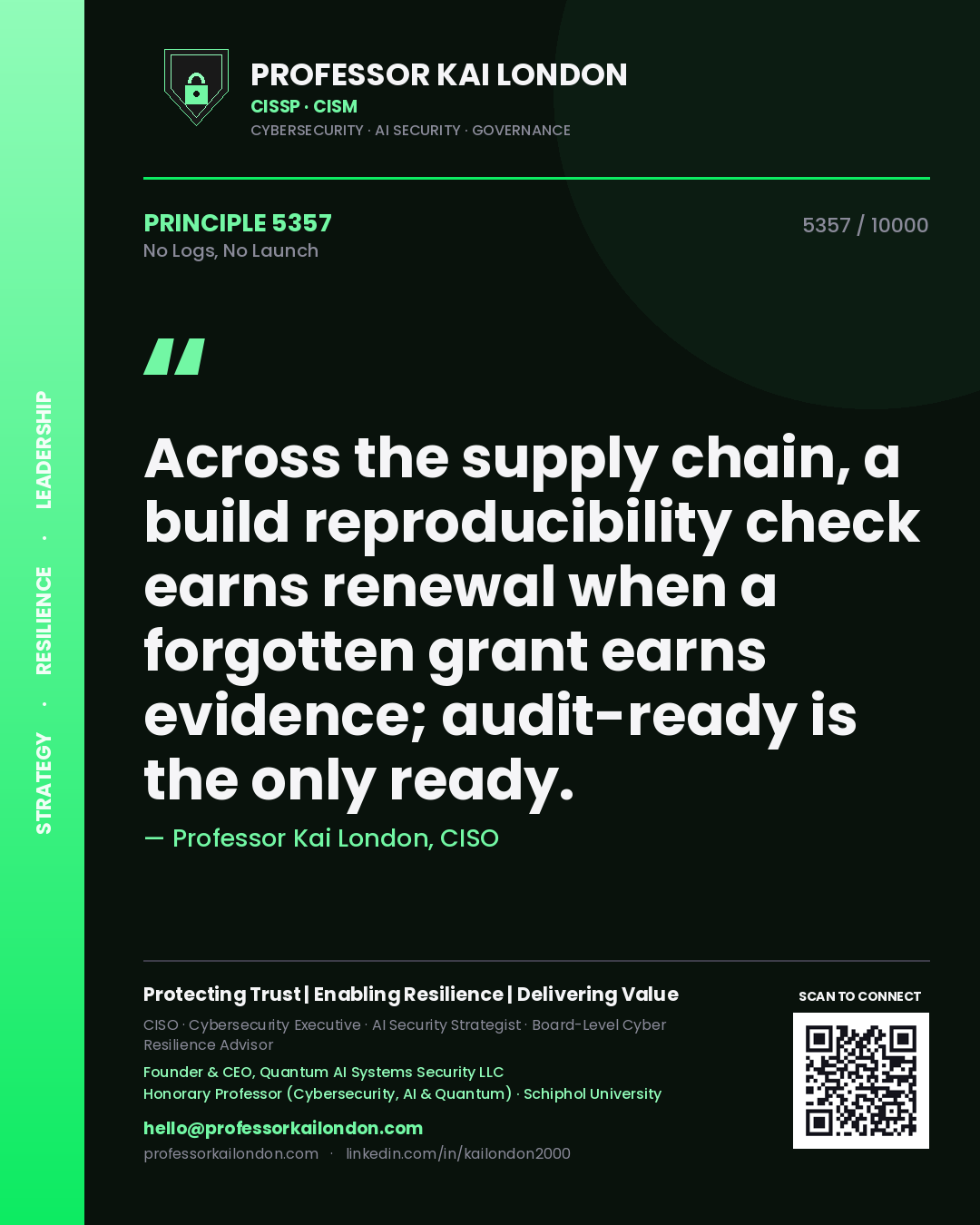 Professor Kai London principle 5357: Across the supply chain, a build reproducibility check earns renewal when a forgotten grant earns evidence; audit-ready is the only ready.