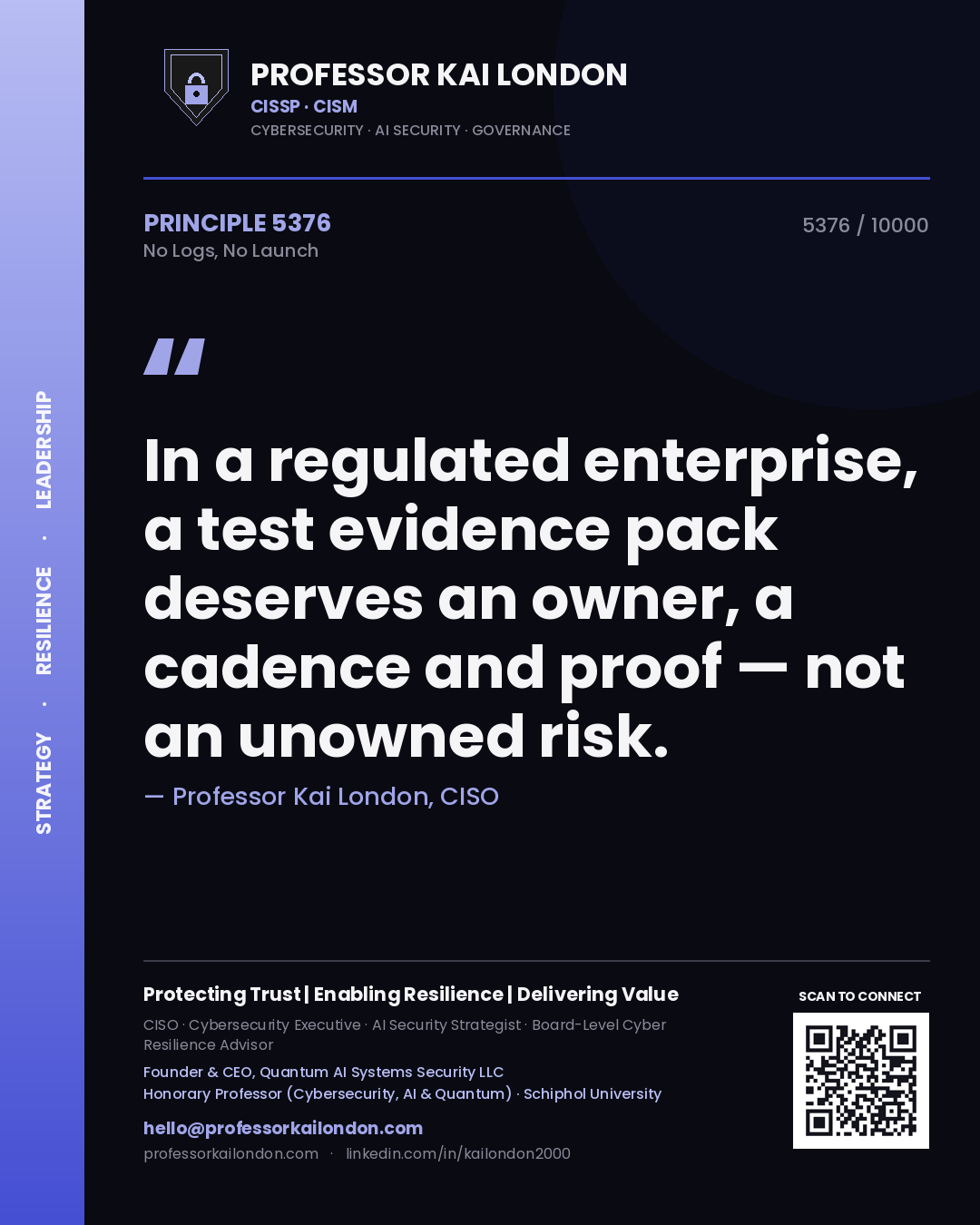 Professor Kai London principle 5376: In a regulated enterprise, a test evidence pack deserves an owner, a cadence and proof — not an unowned risk.