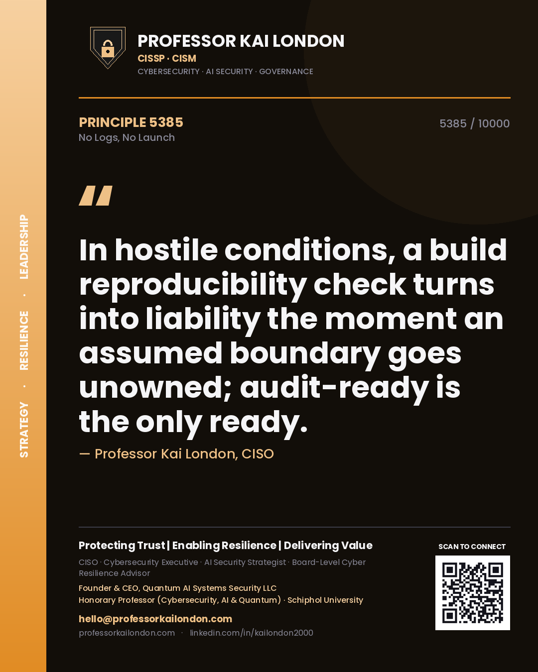 Professor Kai London principle 5385: In hostile conditions, a build reproducibility check turns into liability the moment an assumed boundary goes unowned; audit-ready is the only ready.