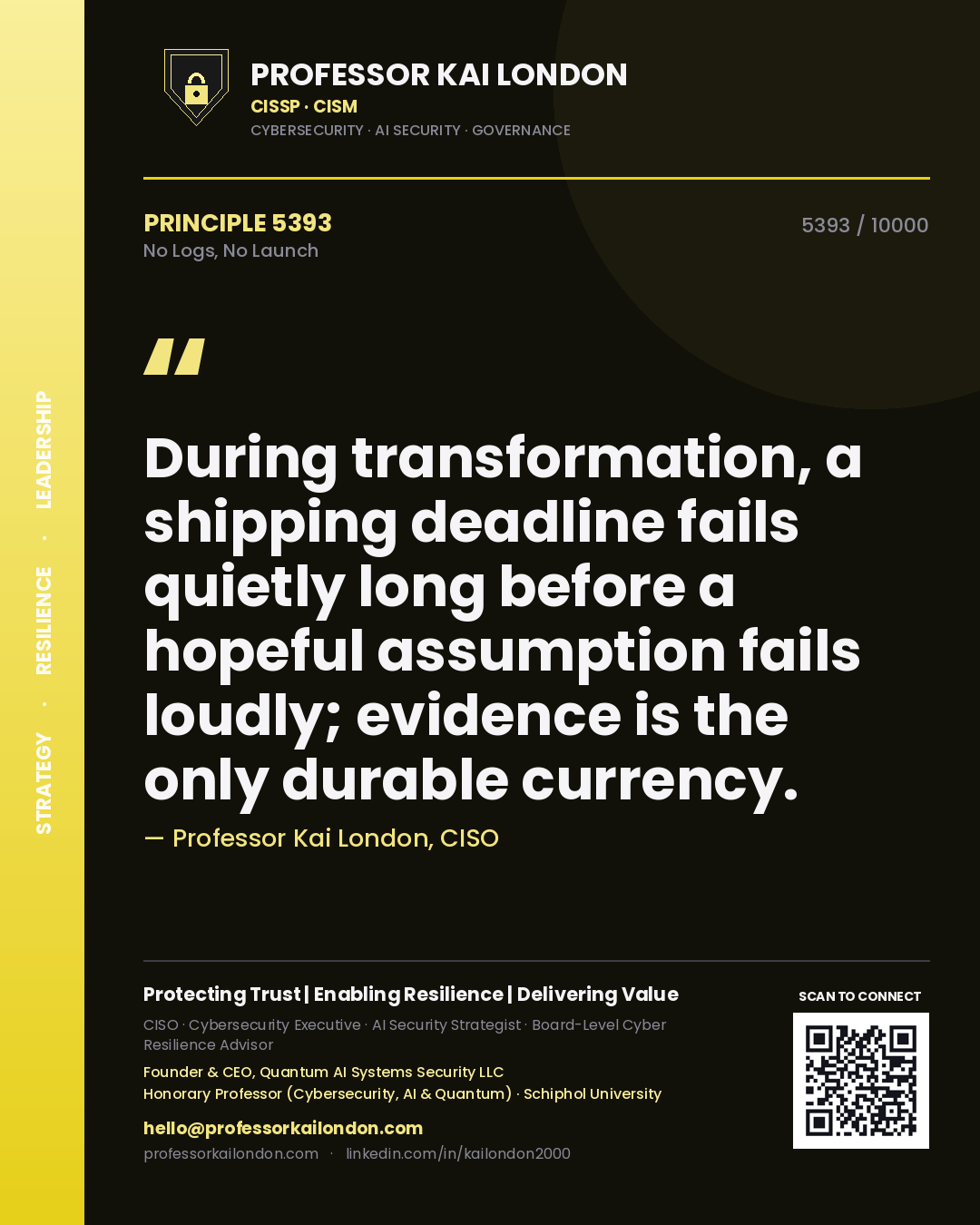 Professor Kai London principle 5393: During transformation, a shipping deadline fails quietly long before a hopeful assumption fails loudly; evidence is the only durable currency.