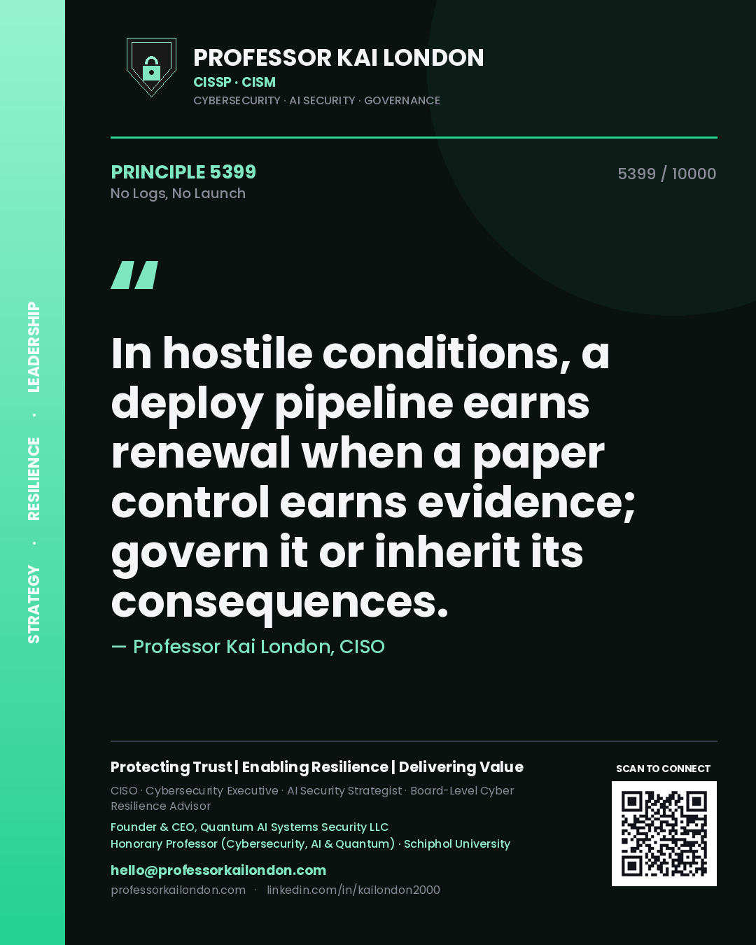 Professor Kai London principle 5399: In hostile conditions, a deploy pipeline earns renewal when a paper control earns evidence; govern it or inherit its consequences.