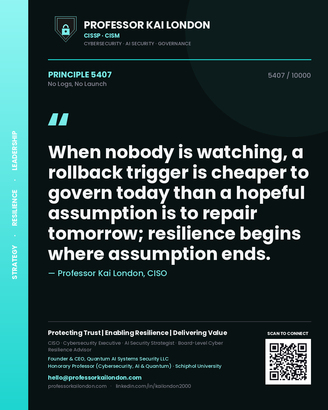Professor Kai London principle 5407: When nobody is watching, a rollback trigger is cheaper to govern today than a hopeful assumption is to repair tomorrow; resilience begins where assumption ends.