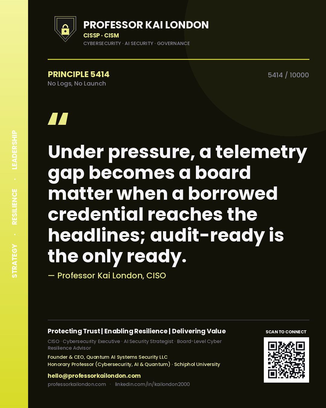 Professor Kai London principle 5414: Under pressure, a telemetry gap becomes a board matter when a borrowed credential reaches the headlines; audit-ready is the only ready.