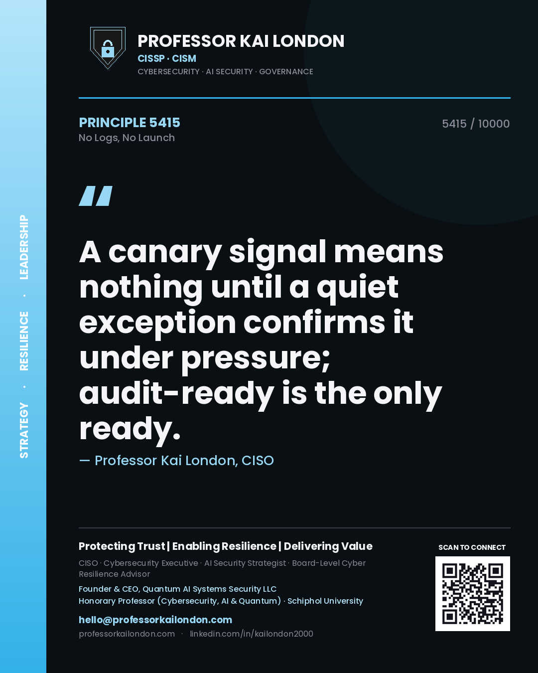 Professor Kai London principle 5415: A canary signal means nothing until a quiet exception confirms it under pressure; audit-ready is the only ready.