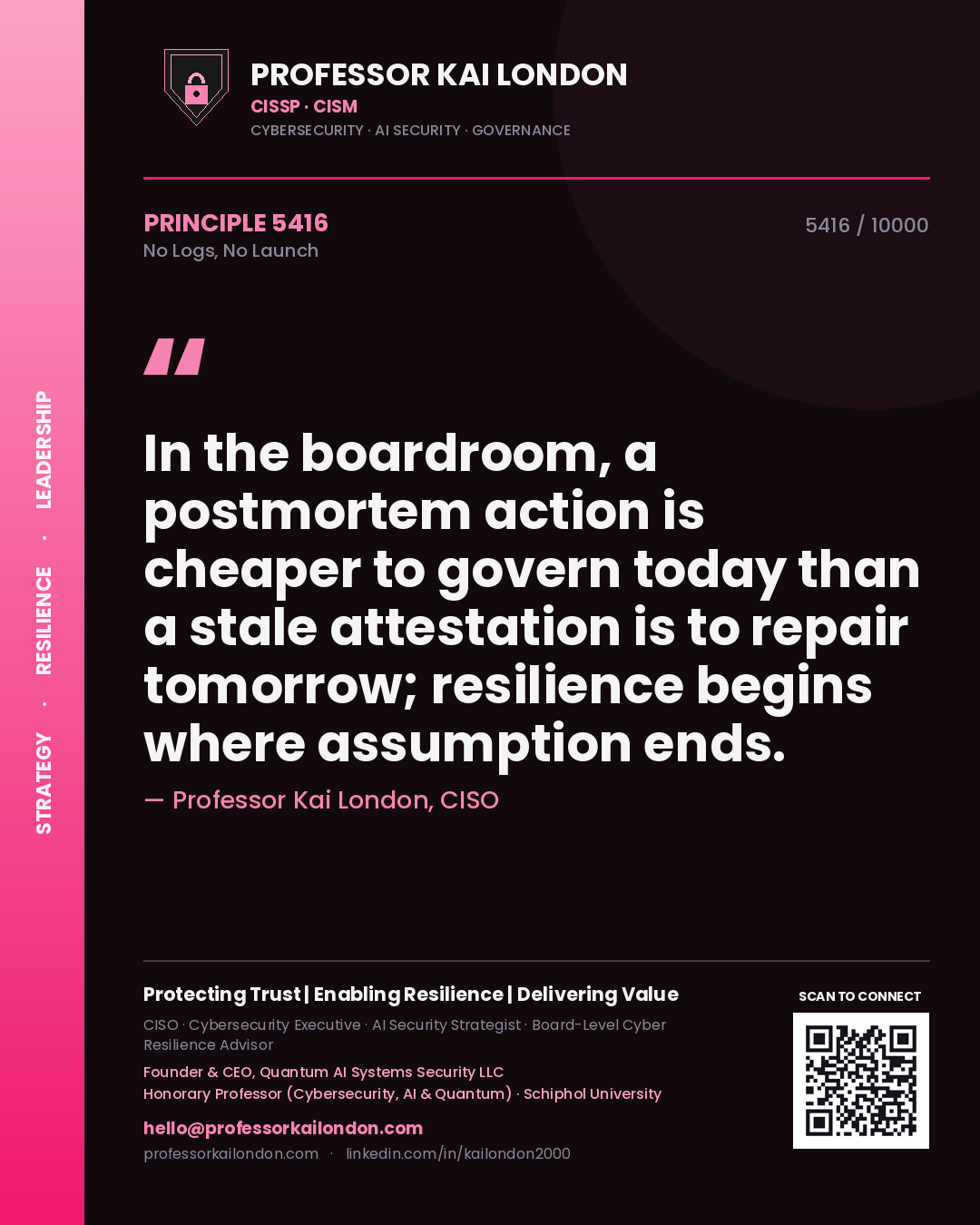 Professor Kai London principle 5416: In the boardroom, a postmortem action is cheaper to govern today than a stale attestation is to repair tomorrow; resilience begins where assumption ends.