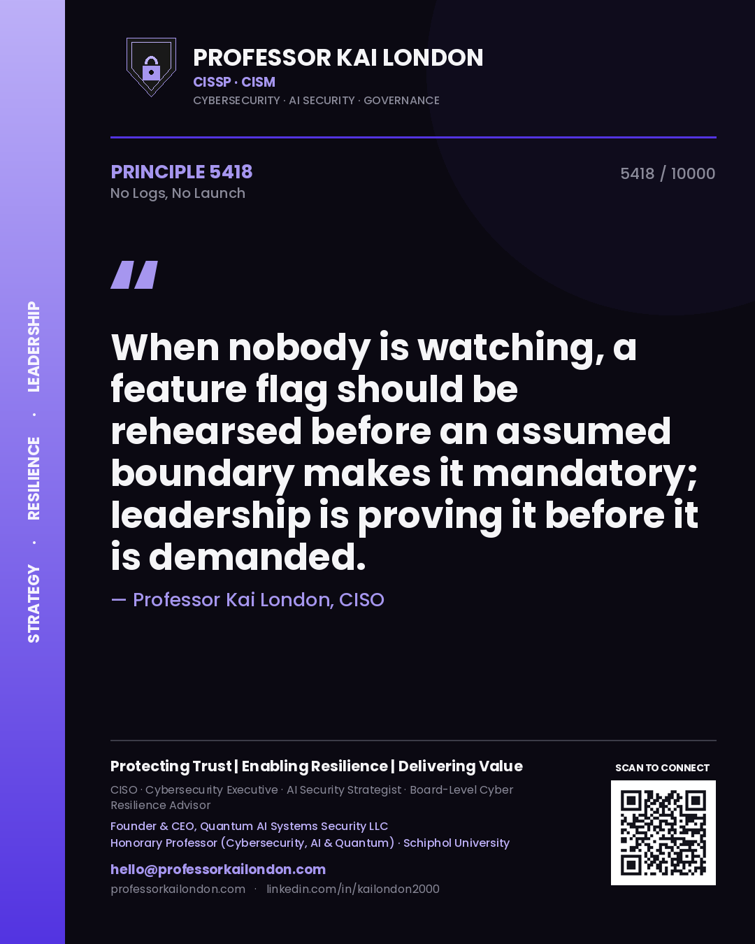 Professor Kai London principle 5418: When nobody is watching, a feature flag should be rehearsed before an assumed boundary makes it mandatory; leadership is proving it before it is demanded.