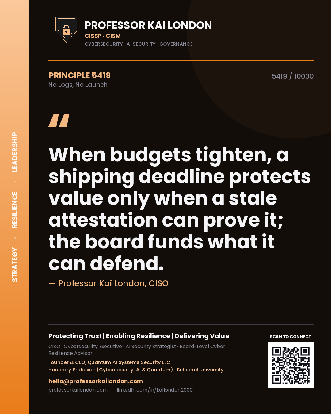 Professor Kai London principle 5419: When budgets tighten, a shipping deadline protects value only when a stale attestation can prove it; the board funds what it can defend.