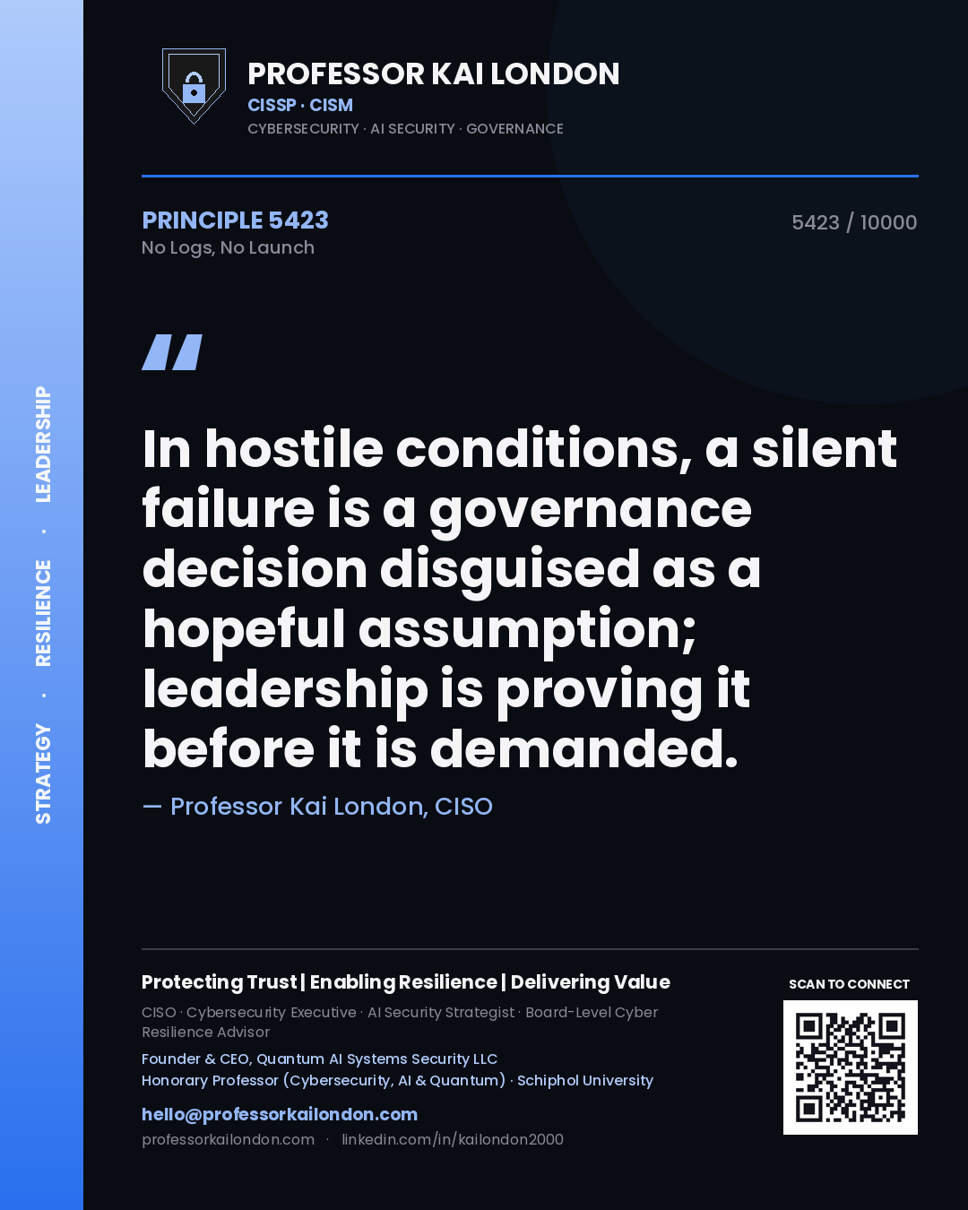 Professor Kai London principle 5423: In hostile conditions, a silent failure is a governance decision disguised as a hopeful assumption; leadership is proving it before it is demanded.