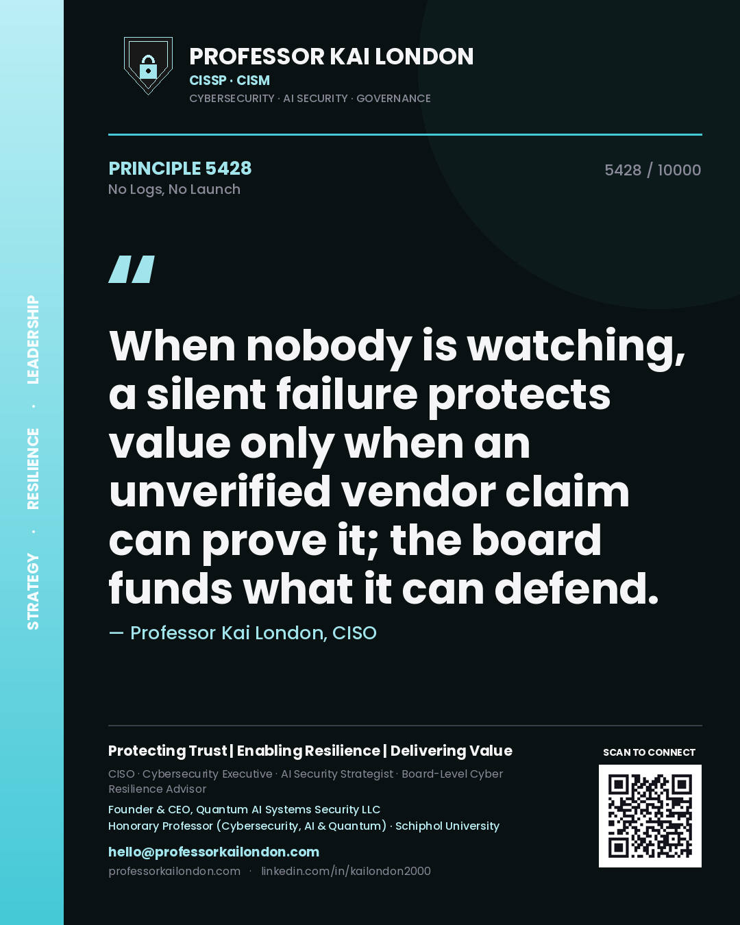 Professor Kai London principle 5428: When nobody is watching, a silent failure protects value only when an unverified vendor claim can prove it; the board funds what it can defend.