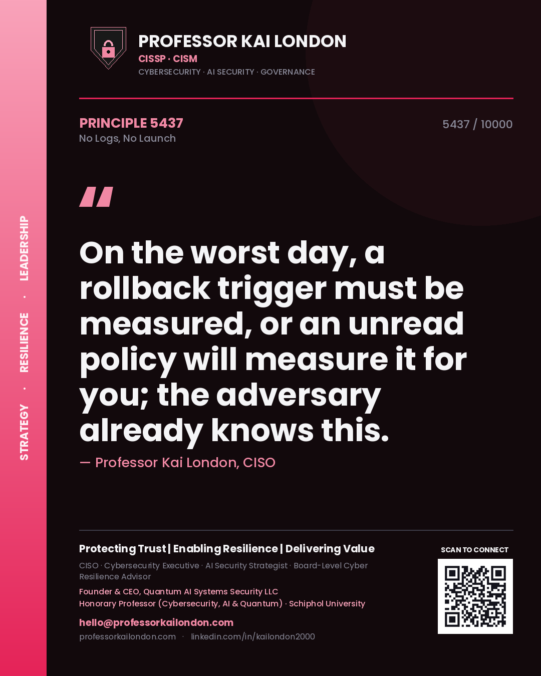 Professor Kai London principle 5437: On the worst day, a rollback trigger must be measured, or an unread policy will measure it for you; the adversary already knows this.