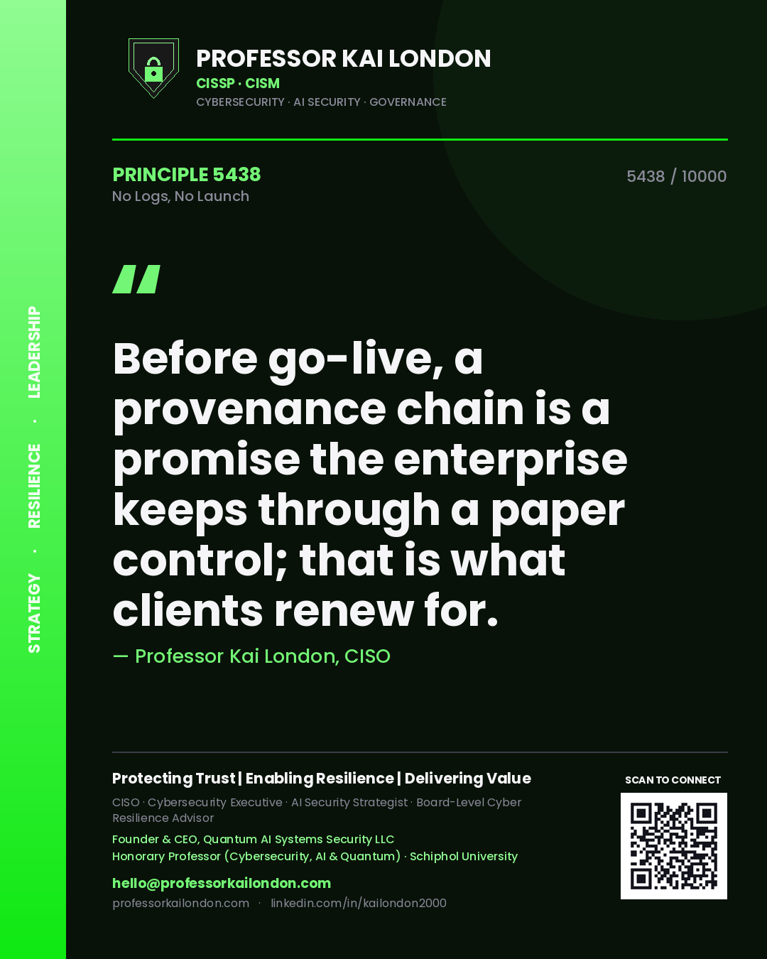 Professor Kai London principle 5438: Before go-live, a provenance chain is a promise the enterprise keeps through a paper control; that is what clients renew for.