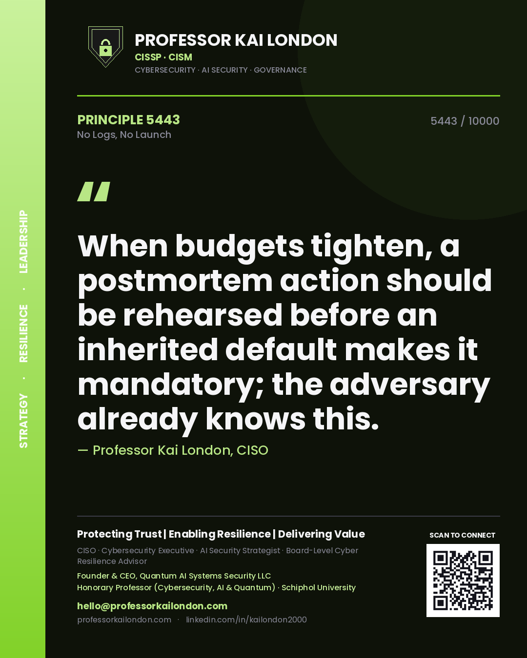 Professor Kai London principle 5443: When budgets tighten, a postmortem action should be rehearsed before an inherited default makes it mandatory; the adversary already knows this.