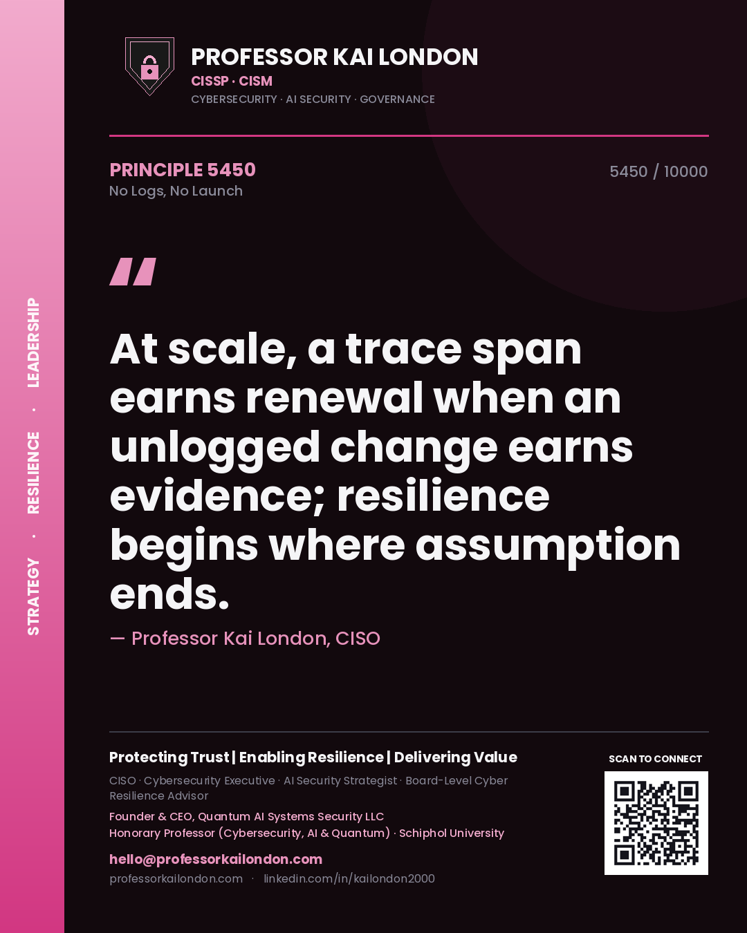 Professor Kai London principle 5450: At scale, a trace span earns renewal when an unlogged change earns evidence; resilience begins where assumption ends.