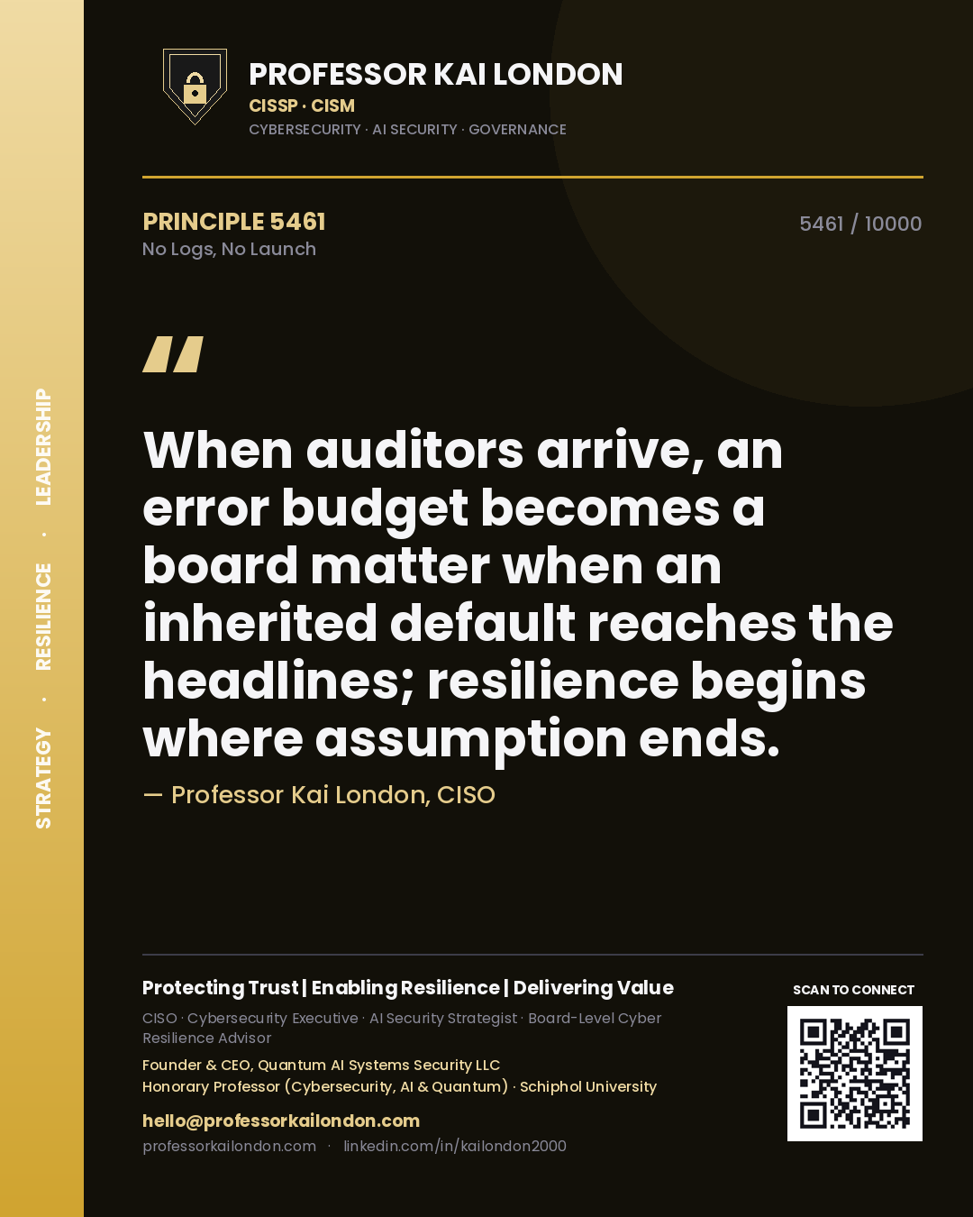 Professor Kai London principle 5461: When auditors arrive, an error budget becomes a board matter when an inherited default reaches the headlines; resilience begins where assumption ends.