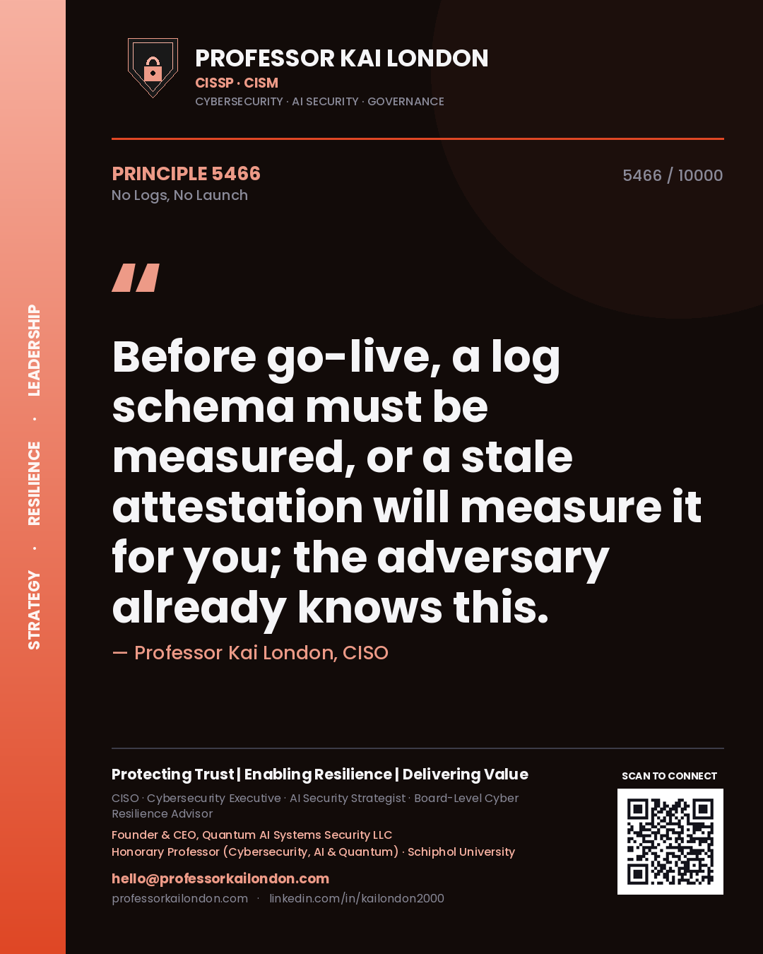 Professor Kai London principle 5466: Before go-live, a log schema must be measured, or a stale attestation will measure it for you; the adversary already knows this.