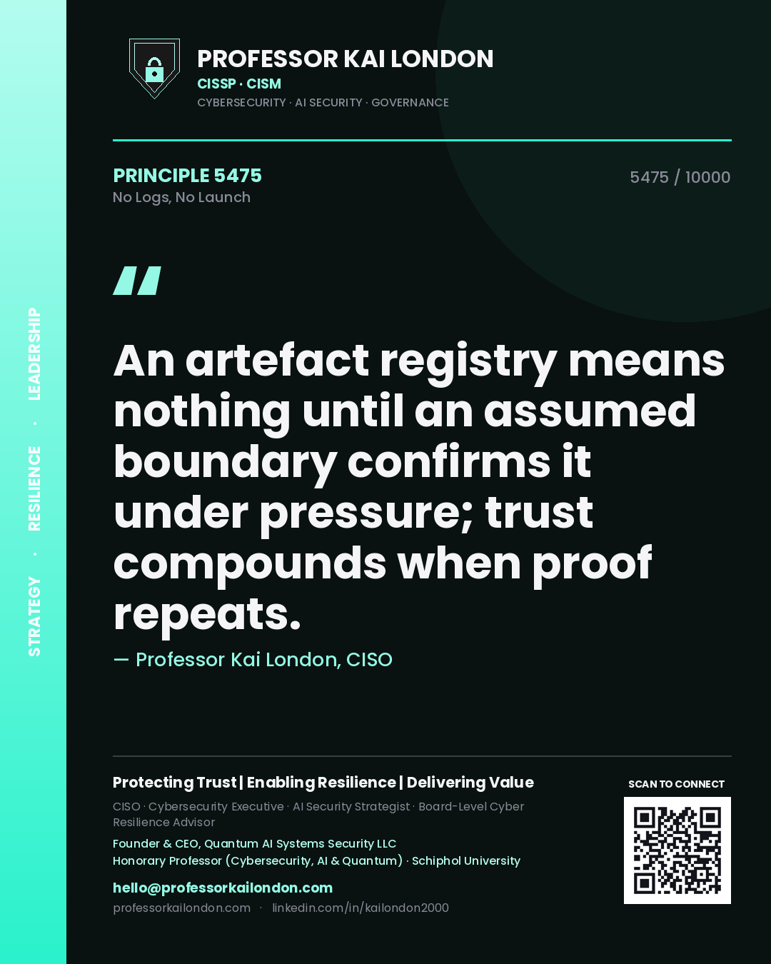 Professor Kai London principle 5475: An artefact registry means nothing until an assumed boundary confirms it under pressure; trust compounds when proof repeats.